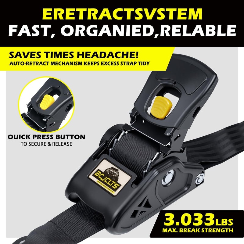 BCJCLTS Retractable Ratchet Straps 2" x 10ft, 3,000lb Break Strength, Heavy Duty Easy Release Tie Down for Trucks, Trailers, Motorcycles, ATVs, Secure Cargo Straps - Image 4